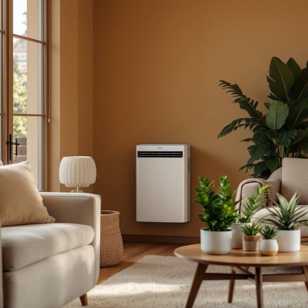 Wohnzimmer mit Couch und kleinem Tisch und vielen Pflanzen, im Hintergrund sieht man eine Klimaanlage