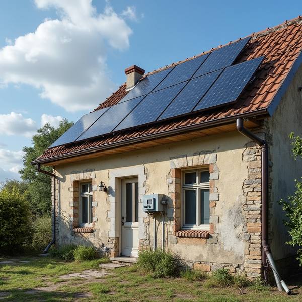 kleines altes Häuschen im Grünen mit Photovoltaikanlage auf dem Dach